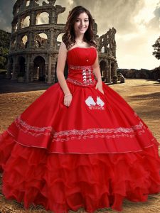 Ruffled Ball Gowns Quince Ball Gowns Red Strapless Organza and Taffeta Sleeveless Floor Length Lace Up