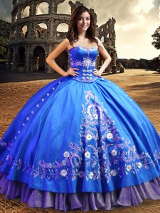 Dynamic One Shoulder Sleeveless Quinceanera Gown Floor Length Lace and Embroidery Royal Blue Satin