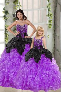 Fabulous Floor Length Black And Purple 15th Birthday Dress Organza Sleeveless Beading and Ruffles