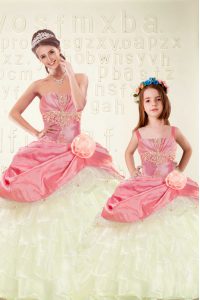 Charming Pink Organza and Taffeta Lace Up Sweet 16 Dress Sleeveless Floor Length Beading and Ruffled Layers and Hand Made Flower
