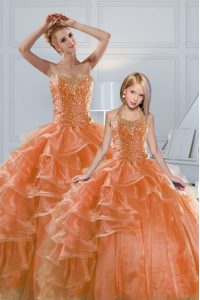Sexy Orange Sweetheart Neckline Beading and Ruffled Layers Quince Ball Gowns Sleeveless Lace Up