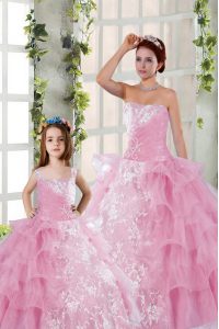 Hot Sale Organza Strapless Sleeveless Lace Up Beading and Ruffled Layers and Ruching Quinceanera Gown in Rose Pink