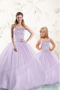 Lavender Tulle Lace Up Sweetheart Sleeveless Floor Length Ball Gown Prom Dress Beading