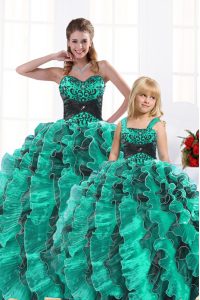Gorgeous Beading and Appliques and Ruffles Quinceanera Dresses Turquoise Lace Up Sleeveless Floor Length