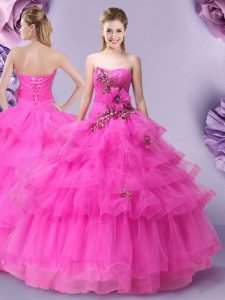 Sleeveless Tulle Floor Length Lace Up 15th Birthday Dress in Hot Pink with Appliques and Ruffled Layers and Hand Made Flower