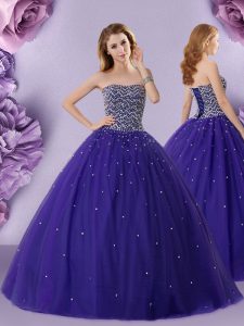 Inexpensive Sleeveless Floor Length Beading Lace Up Quinceanera Gowns with Purple