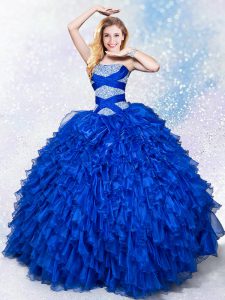 Royal Blue Ball Gowns Beading and Ruffles Vestidos de Quinceanera Lace Up Organza Sleeveless Floor Length