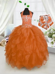 Sweet Halter Top Organza Sleeveless Floor Length Girls Pageant Dresses and Beading and Ruffles