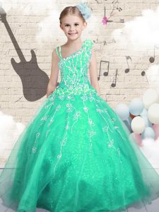 Sleeveless Floor Length Appliques Lace Up Little Girls Pageant Dress Wholesale with Apple Green