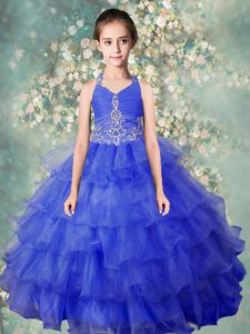 Halter Top Baby Blue Sleeveless Floor Length Beading and Ruffled Layers Zipper Little Girls Pageant Dress