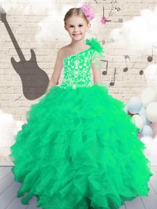 Most Popular One Shoulder Floor Length Ball Gowns Sleeveless Little Girls Pageant Gowns Lace Up