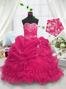 Gorgeous Hot Pink Ball Gowns Sweetheart Sleeveless Organza Floor Length Lace Up Beading and Ruffled Layers and Pick Ups Kids Pageant Dress