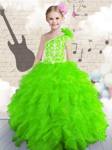 One Shoulder Sleeveless Little Girl Pageant Dress Floor Length Beading and Ruffles Organza
