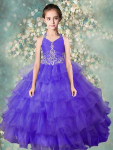 Custom Made Ruffled Halter Top Sleeveless Zipper Child Pageant Dress Blue Organza