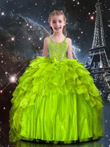 Superior Yellow Green Sleeveless Beading and Ruffles Floor Length Little Girls Pageant Dress Wholesale