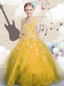 Asymmetric Sleeveless Child Pageant Dress Floor Length Appliques Orange Tulle