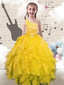 New Arrival Yellow One Shoulder Neckline Beading and Ruffles Kids Pageant Dress Sleeveless Lace Up