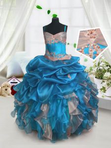 Most Popular Baby Blue Lace Up Pageant Gowns For Girls Beading and Ruffles and Pick Ups Sleeveless Floor Length
