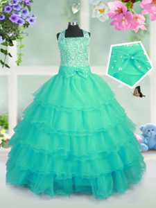Fancy Turquoise Lace Up Little Girl Pageant Gowns Beading and Ruffled Layers Sleeveless Floor Length