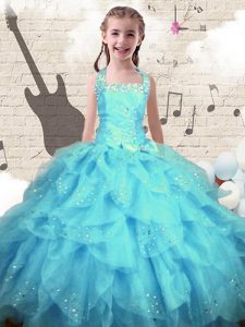 Halter Top Aqua Blue Lace Up Little Girls Pageant Gowns Beading and Ruffles Sleeveless Floor Length