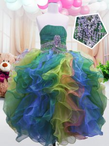 Cute Multi-color Organza Zipper Girls Pageant Dresses Sleeveless Floor Length Beading and Ruffles
