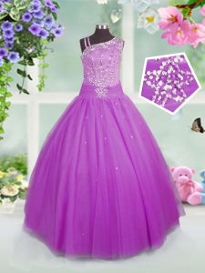 Lilac Tulle Lace Up Girls Pageant Dresses Sleeveless Floor Length Beading