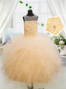 Attractive Scoop Sleeveless Floor Length Beading and Appliques Zipper Little Girls Pageant Dress with Orange