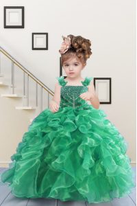 Apple Green Organza Lace Up Straps Sleeveless Floor Length Girls Pageant Dresses Beading and Ruffles