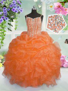 Latest Beading and Ruffles and Pick Ups Kids Formal Wear Orange Lace Up Sleeveless Floor Length