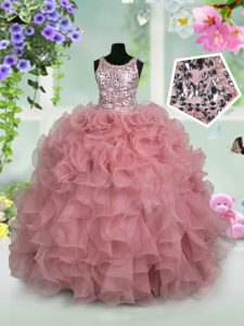 Sequins Ball Gowns Kids Formal Wear Pink Scoop Organza Sleeveless Floor Length Zipper
