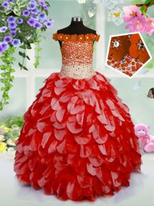Perfect High Low Red Little Girl Pageant Dress Off The Shoulder Sleeveless Lace Up
