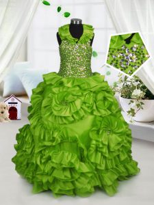 Olive Green Zipper Halter Top Beading and Ruffles Kids Pageant Dress Taffeta Sleeveless