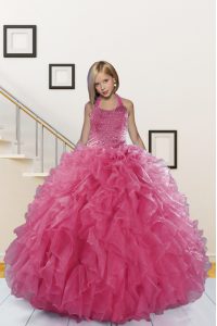 Hot Sale Halter Top Pink Lace Up Little Girls Pageant Gowns Beading and Ruffles Sleeveless Floor Length