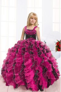Black and Hot Pink Lace Up Straps Beading and Ruffles Little Girls Pageant Gowns Organza Sleeveless