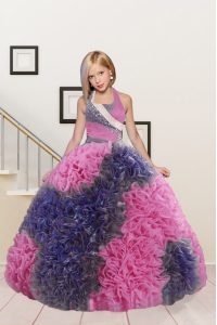 Adorable Halter Top Sleeveless Floor Length Beading and Ruffles Lace Up Kids Pageant Dress with Pink and Dark Purple