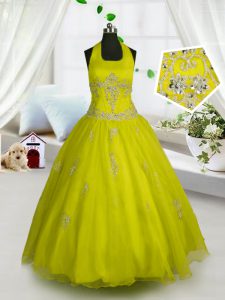 Yellow Kids Pageant Dress Party and Wedding Party with Appliques Halter Top Sleeveless Lace Up