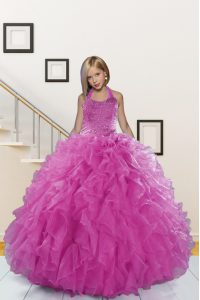 Halter Top Pink Ball Gowns Beading and Ruffles Kids Pageant Dress Lace Up Organza Sleeveless Floor Length