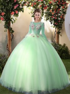Dynamic Apple Green Ball Gowns Scoop Long Sleeves Tulle Floor Length Lace Up Appliques 15 Quinceanera Dress