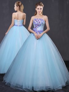 Light Blue Sweet 16 Dresses Military Ball and Sweet 16 and Quinceanera with Appliques and Belt Strapless Sleeveless Lace Up