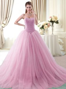 Rose Pink Tulle Lace Up Sweetheart Sleeveless With Train 15th Birthday Dress Brush Train Beading