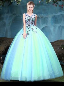 Discount Ball Gowns Quinceanera Gown Multi-color V-neck Tulle Sleeveless Floor Length Lace Up