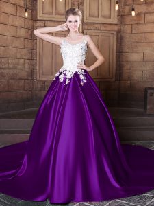 Customized Purple Lace Up Scoop Lace and Appliques Sweet 16 Quinceanera Dress Elastic Woven Satin Sleeveless Court Train