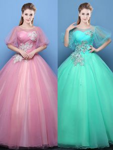 Floor Length Pink and Turquoise Ball Gown Prom Dress Scoop Half Sleeves Lace Up