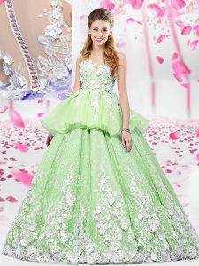 Yellow Green Ball Gowns Scoop Sleeveless Organza and Tulle Floor Length Lace Up Lace and Appliques Sweet 16 Quinceanera Dress
