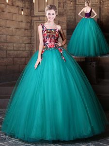 Admirable One Shoulder Teal Lace Up 15th Birthday Dress Pattern Sleeveless Floor Length