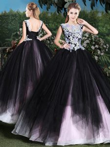 Nice Scoop Floor Length Lace Up Sweet 16 Dress Pink And Black for Military Ball and Sweet 16 and Quinceanera with Appliques and Ruffles