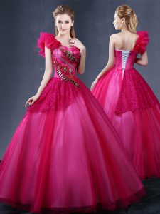 Chic One Shoulder Fuchsia Tulle Lace Up 15th Birthday Dress Sleeveless Floor Length Lace and Appliques and Ruffles