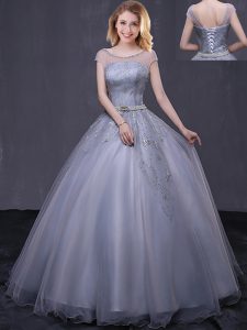 Ball Gowns Quinceanera Dress Grey Scoop Tulle Cap Sleeves Floor Length Lace Up