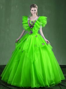 Ball Gowns Organza Sweetheart Sleeveless Appliques and Ruffles Floor Length Lace Up Quinceanera Gown