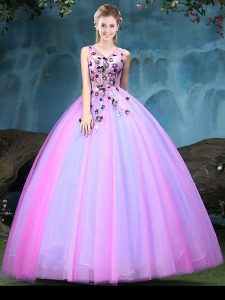 Multi-color V-neck Neckline Appliques Sweet 16 Quinceanera Dress Sleeveless Lace Up